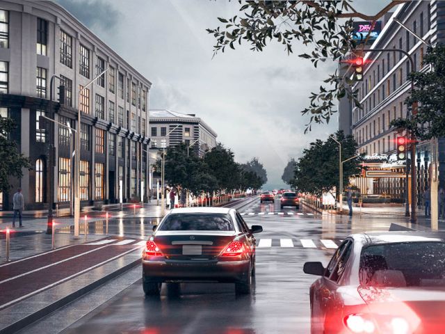 Exterior visualization – Street after rain